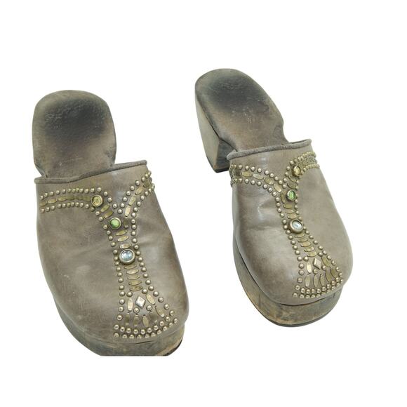 CALLEEN CORDERO Swarovski Cystal Metal Studded Gray Leather Wood Clog Size 7 - Picture 3 of 9